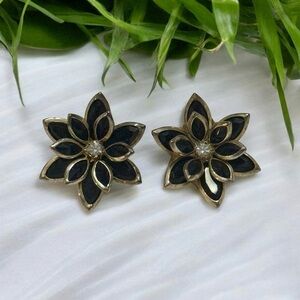 Vintage Black Enamel & Rhinestone Lotus Floral Earrings